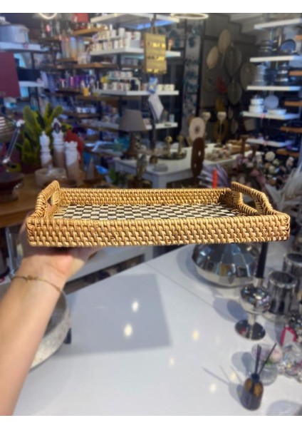 Damalı Dikdörtgen Rattan Tepsi 32X24CM fiyatları