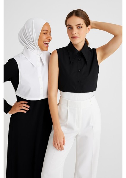 Mırach 2'li Paket Sivri Gömlek Yakası Seti - Siyah ve Beyaz | Çıkarılabilir Yaka | Tesettür Yaka | Içlik Yaka