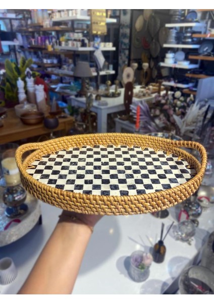 Damalı Oval Rattan Tepsi 33X24CM
