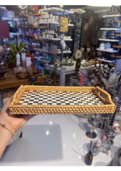 Damalı Dikdörtgen Rattan Tepsi 29X20CM