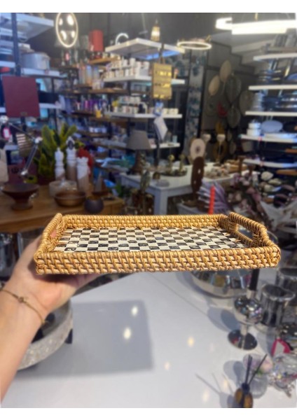 Damalı Dikdörtgen Rattan Tepsi 29X20CM fiyatları