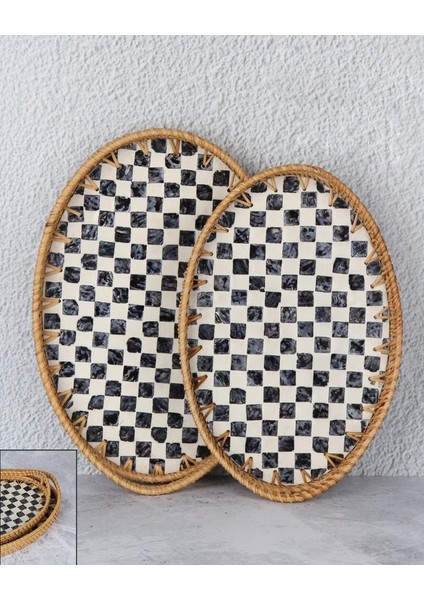 Damalı Oval 2'li Rattan Tepsi