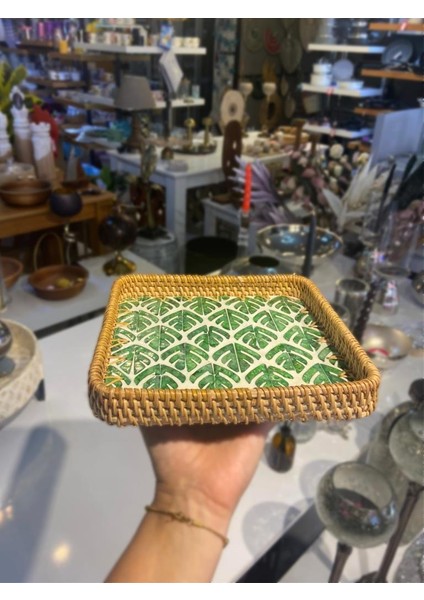 Yeşil Yaprak Desen 3'lü Rattan Tepsi modelleri
