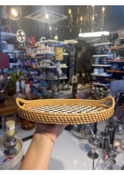 Damalı Oval Rattan Tepsi 30X20CM fiyatları