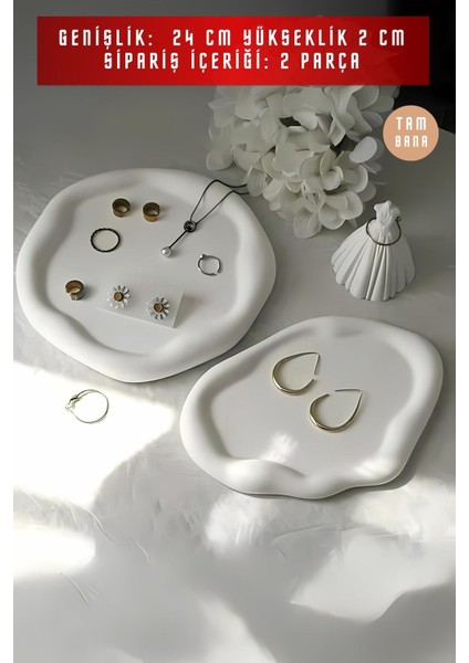 Beyaz Sunumluk Takı Tabağı Dekoratif Tepsi Obje Seti 2 Parça Model 1005