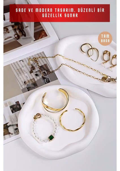 Beyaz Sunumluk Takı Tabağı Dekoratif Tepsi Obje Seti 2 Parça Model 1005