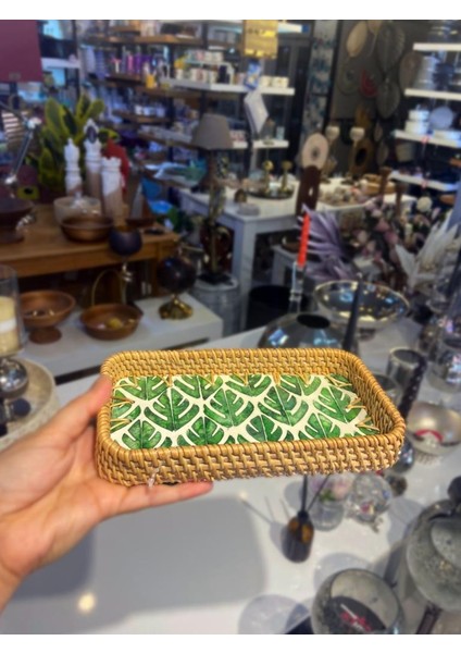 Yeşil Yaprak Desen Rattan Mini Tepsi 21X12CM