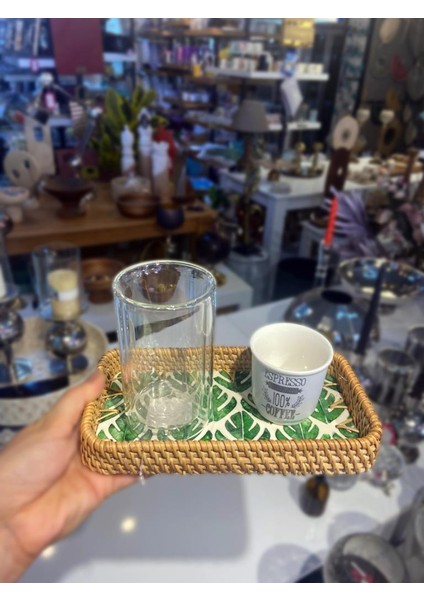 Yeşil Yaprak Desen Rattan Mini Tepsi 21X12CM fiyatları