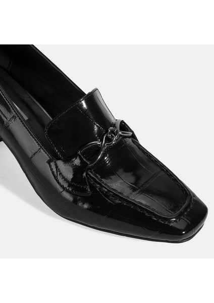 Kadın Siyah Kroko Baskılı Topuklu Rugan Loafer