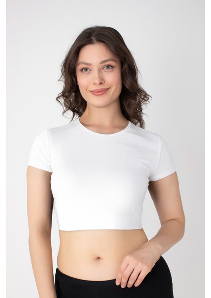 Kadın Modal Bisiklet Yaka Yarımkol Crop