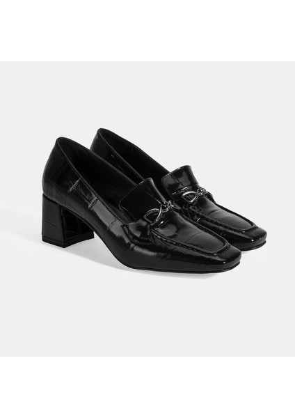 Kadın Siyah Kroko Baskılı Topuklu Rugan Loafer