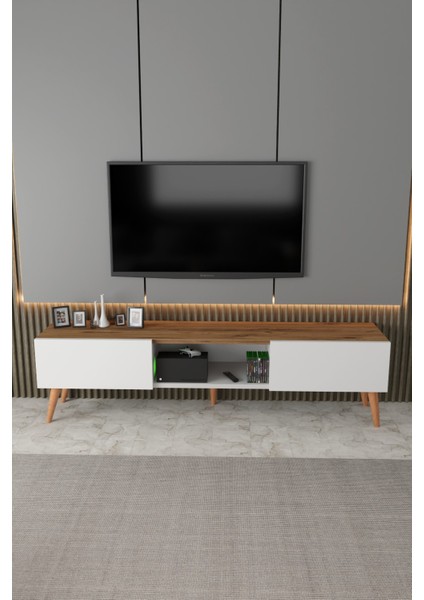 Siesta Modern Tv Ünitesi Atlantik Çam | Beyaz | 2 Kapaklı | 1 Raflı | Ahşap Ayaklı 150 cm