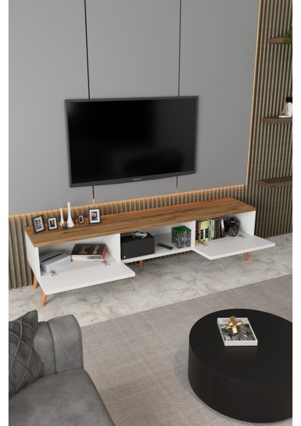 Siesta Modern Tv Ünitesi Atlantik Çam | Beyaz | 2 Kapaklı | 1 Raflı | Ahşap Ayaklı 150 cm fiyatları
