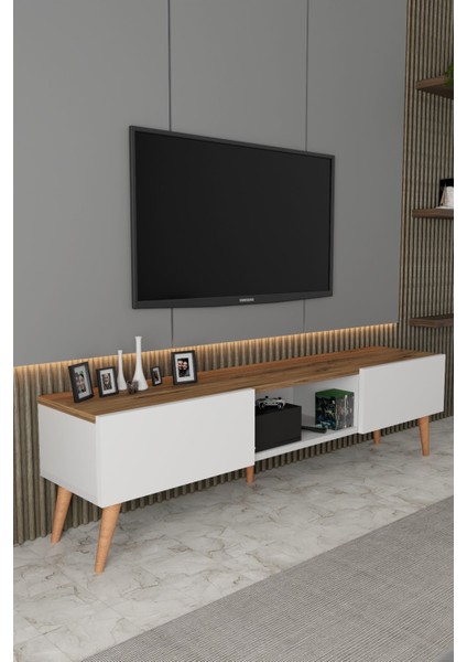 Siesta Modern Tv Ünitesi Atlantik Çam | Beyaz | 2 Kapaklı | 1 Raflı | Ahşap Ayaklı 150 cm modelleri