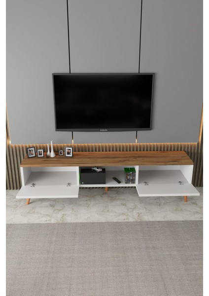 Siesta Modern Tv Ünitesi Atlantik Çam | Beyaz | 2 Kapaklı | 1 Raflı | Ahşap Ayaklı 150 cm indirimleri