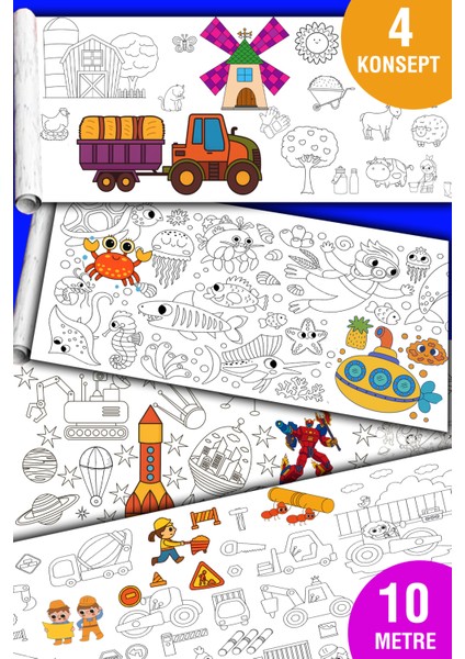 4 Konsept Boyama Rulosu Büyük Boy Toplam 10 Metre Rulo Boyama Kağıdı Çocuk Anaokulu ve Kreşler Için Aktivite Çocuk Eğitici Boyama