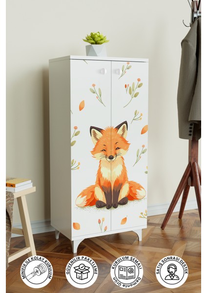 Foxie 3 Raflı Çocuk Odası Dolabı Çok Amaçlı Baskılı Oyuncak Dolabı