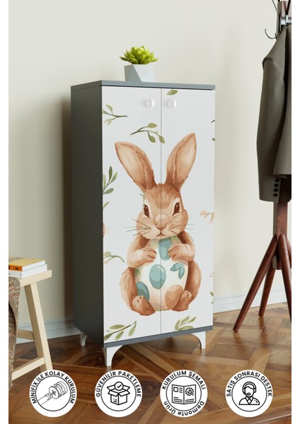 Pretty Rabit 3 Raflı Çocuk Odası Dolabı Çok Amaçlı Baskılı Oyuncak Dolabı