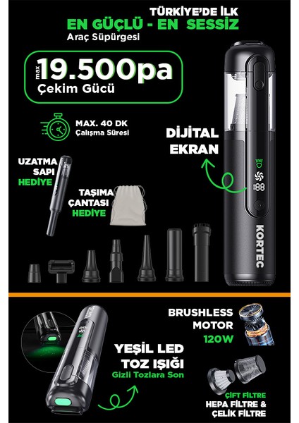 Profesyonel 19.500 Pa 120 W Güçlü Toz Işıklı Portatif Üflemeli Sessiz (88 Db) Araç Süpürgesi