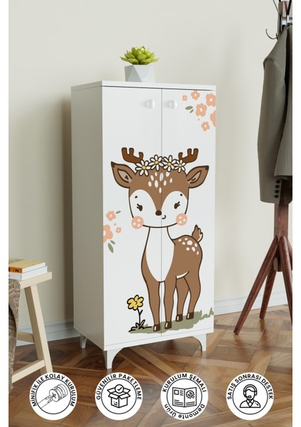Little fawn 3 Raflı Çocuk Odası Dolabı Çok Amaçlı Baskılı Oyuncak Dolabı