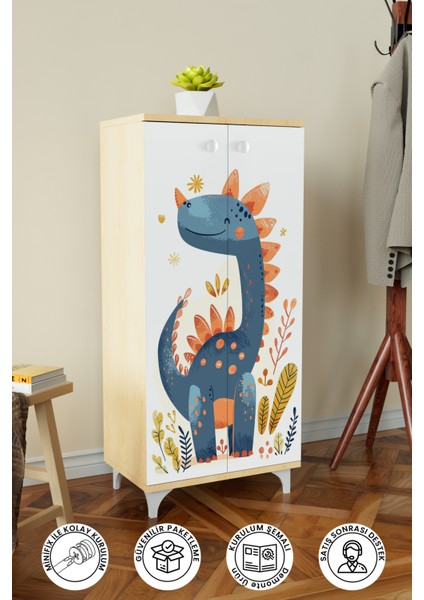 Minik Dino 3 Raflı Çocuk Odası Dolabı Çok Amaçlı Baskılı Oyuncak Dolabı