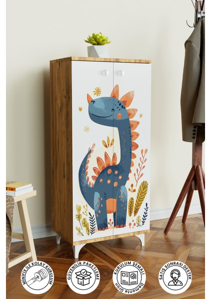 Minik Dino 3 Raflı Çocuk Odası Dolabı Çok Amaçlı Baskılı Oyuncak Dolabı