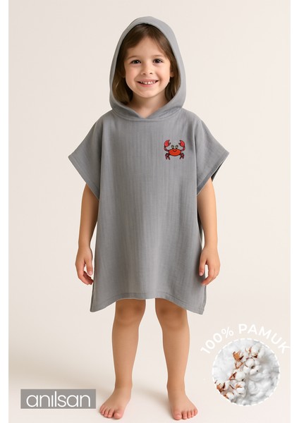 %100 Pamuk Müslin Kapşonlu Plaj Çocuk Bebek 1-3 Panço Yengeç