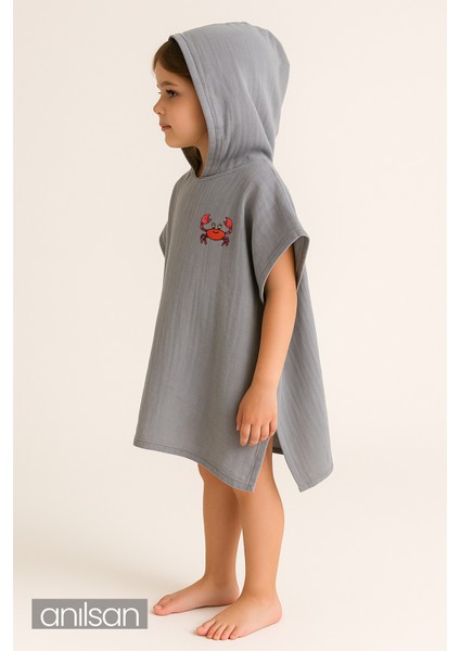 %100 Pamuk Müslin Kapşonlu Plaj Çocuk Bebek 1-3 Panço Yengeç fiyatları