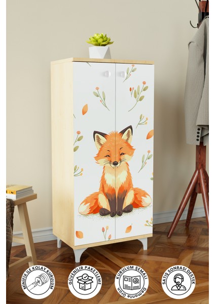 Foxie 3 Raflı Çocuk Odası Dolabı Çok Amaçlı Baskılı Oyuncak Dolabı