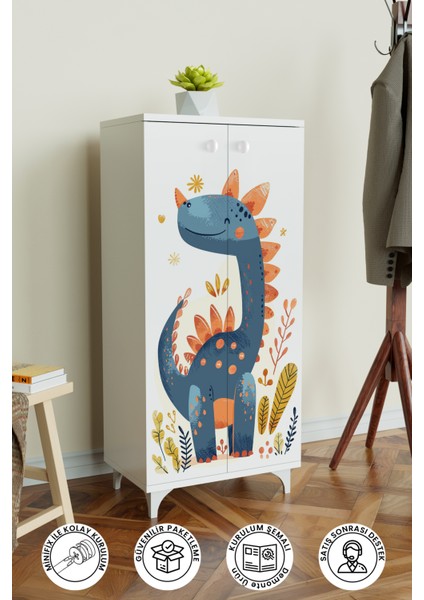 Minik Dino 3 Raflı Çocuk Odası Dolabı Çok Amaçlı Baskılı Oyuncak Dolabı