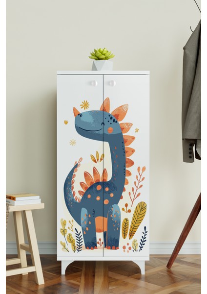 Minik Dino 3 Raflı Çocuk Odası Dolabı Çok Amaçlı Baskılı Oyuncak Dolabı modelleri