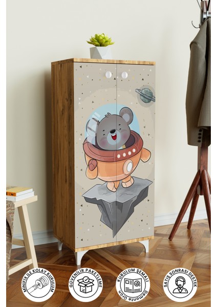 Little Astronaut 3 Raflı Çocuk Odası Dolabı Çok Amaçlı Baskılı Oyuncak Dolabı