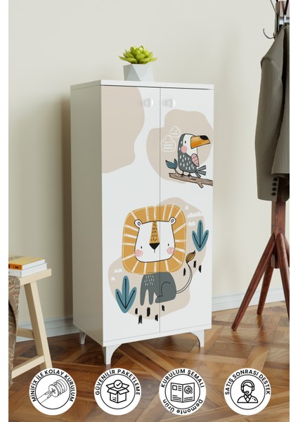Jungle Animals 3 Raflı Çocuk Odası Dolabı Çok Amaçlı Baskılı Oyuncak Dolabı