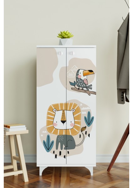 Jungle Animals 3 Raflı Çocuk Odası Dolabı Çok Amaçlı Baskılı Oyuncak Dolabı modelleri