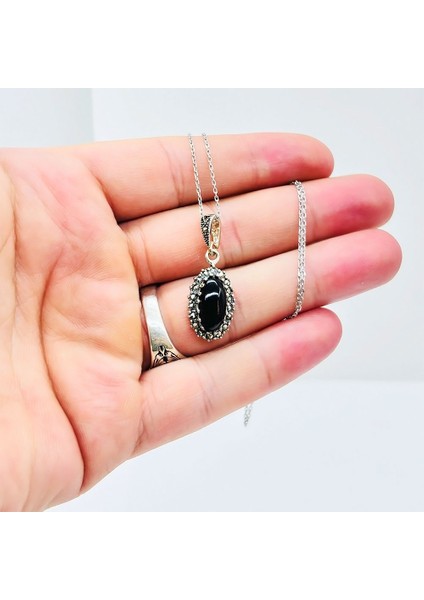 Zirkon ve Oltu Taşı Işçilikli 925 Ayar Gümüş Kolye fiyatları
