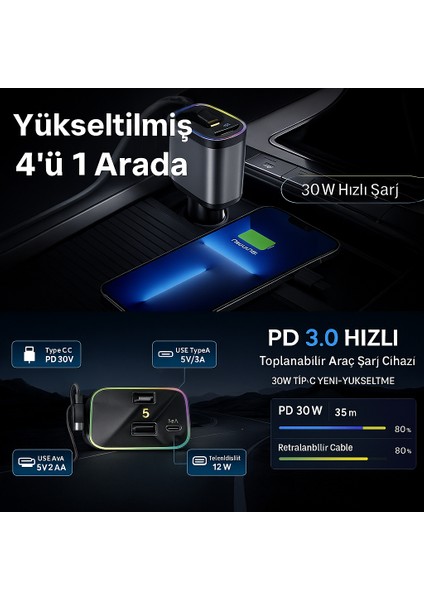 120W Süper Hızlı Araç Şarj Cihazı | 4'ü 1 Arada | Type-C & Lightning Kablolu | Evrensel Araç Uyumu modelleri