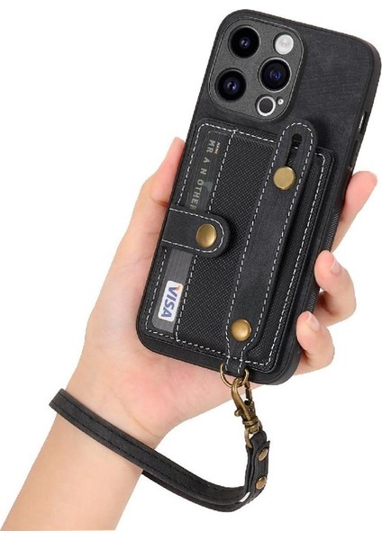 iPhone 14 Pro Kart Tutucu Askılı Deri Telefon Kılıfı Cüzdan Kılıf Bilek Kayışı Standlı Tutucu (Yurt Dışından)