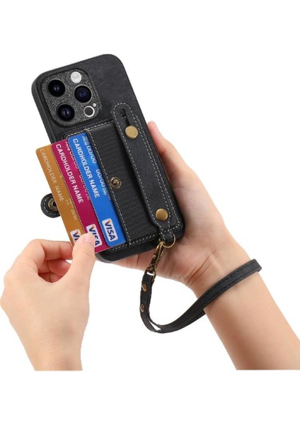 iPhone 14 Pro Kart Tutucu Askılı Deri Telefon Kılıfı Cüzdan Kılıf Bilek Kayışı Standlı Tutucu (Yurt Dışından) fırsatları