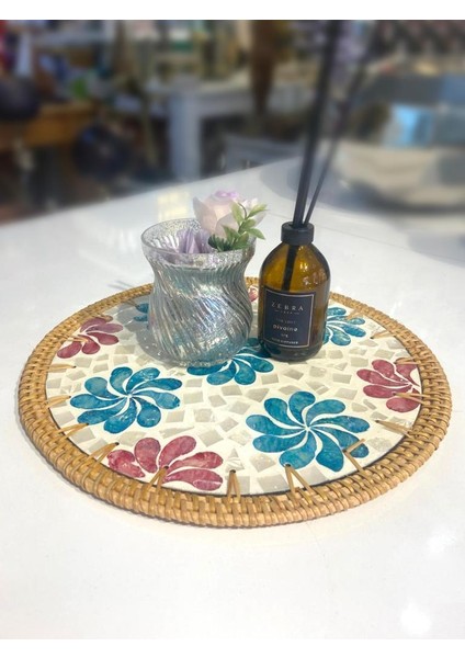 Mavi Çiçek Rattan Supla/dekoratif Tepsi 30CM