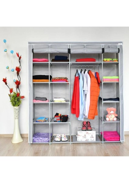 Plastik Profilli Ekstra Çift Yandan Raflı Bez Dolap - Gri | 17 Raflı, 60CM Askılık, Mega Boy