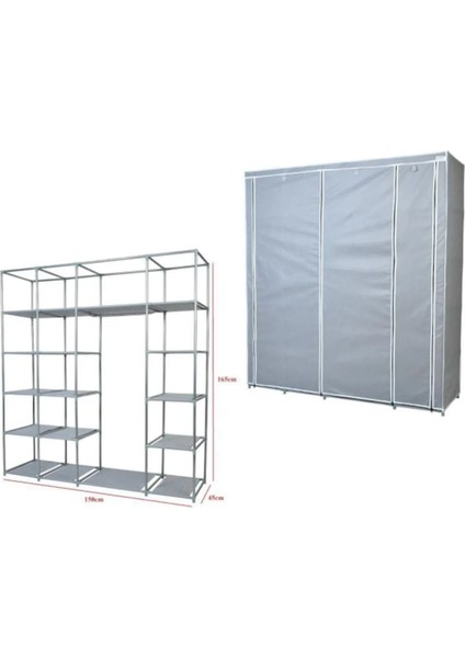 Plastik Profilli Ekstra Çift Yandan Raflı Bez Dolap - Gri | 17 Raflı, 60CM Askılık, Mega Boy modelleri