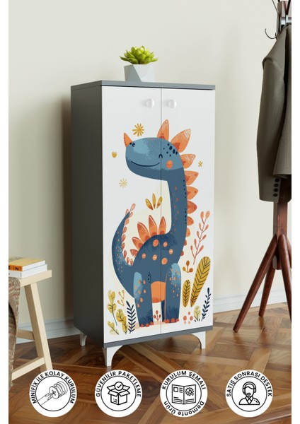 Minik Dino 3 Raflı Çocuk Odası Dolabı Çok Amaçlı Baskılı Oyuncak Dolabı