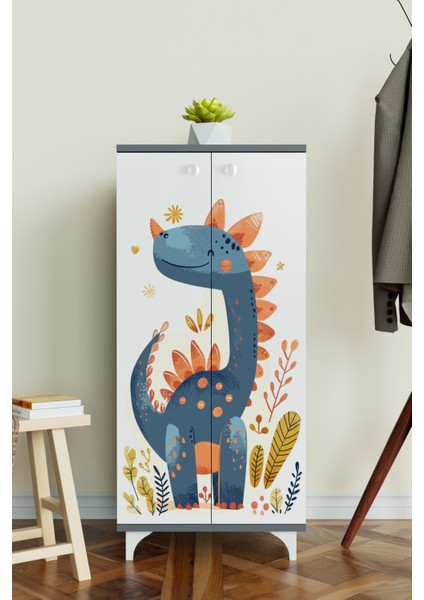Minik Dino 3 Raflı Çocuk Odası Dolabı Çok Amaçlı Baskılı Oyuncak Dolabı fiyatları
