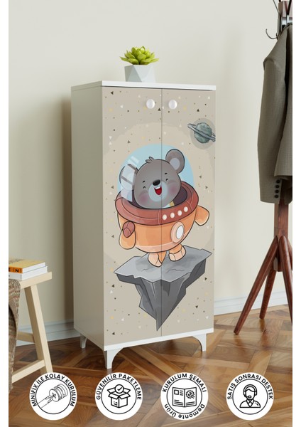 Little Astronaut 3 Raflı Çocuk Odası Dolabı Çok Amaçlı Baskılı Oyuncak Dolabı