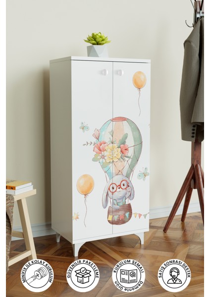 Sky Journey 3 Raflı Çocuk Odası Dolabı Çok Amaçlı Baskılı Oyuncak Dolabı
