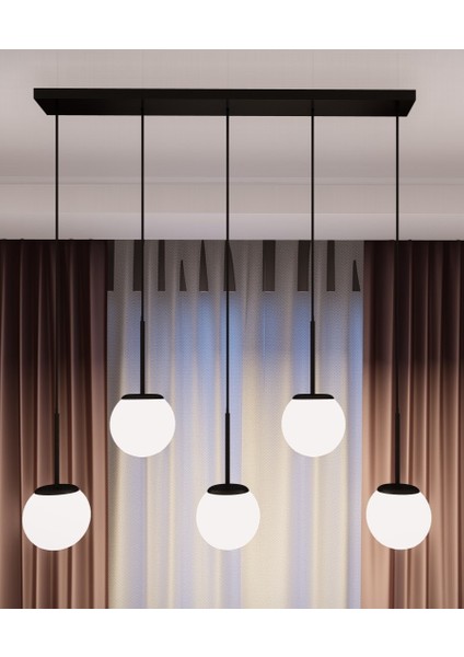 Dora Siyah Metal Gövdeli 5'li Beyaz Cam Avize - Modern Sıralı Sarkıt, E27 Uyumlu, Şık Tasarım