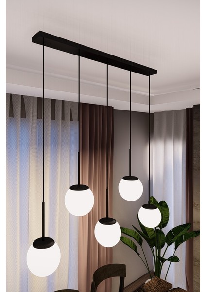 Dora Siyah Metal Gövdeli 5'li Beyaz Cam Avize - Modern Sıralı Sarkıt, E27 Uyumlu, Şık Tasarım fiyatları