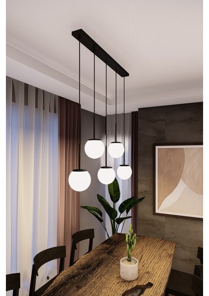 Dora Siyah Metal Gövdeli 5'li Beyaz Cam Avize - Modern Sıralı Sarkıt, E27 Uyumlu, Şık Tasarım modelleri