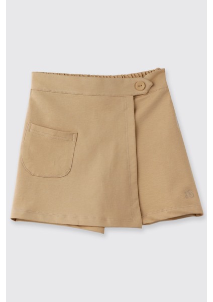 Kız Çocuk Cep Detaylı Beli Yarım Lastikli Bej Şort Etek