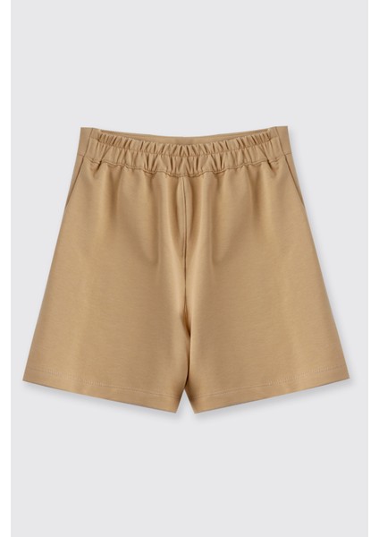 Kız Çocuk Cep Detaylı Beli Yarım Lastikli Bej Şort Etek modelleri